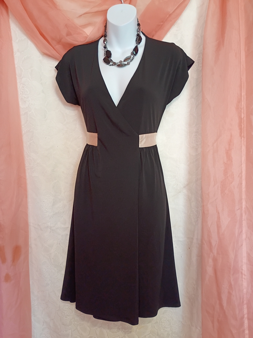 Laundry by Design Ladies Black Midi Dress w/ 100% Silk Tan Waist Belt Sz 0